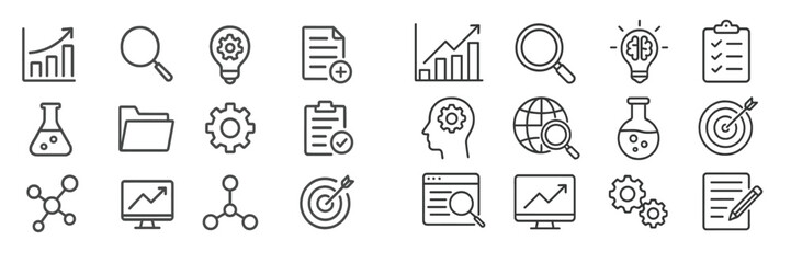 Poster - Line art icons representing business analytics, scientific research, and problem-solving activities in a modern digital workspace
