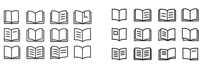 Poster - Collection of various open books in a minimalistic style arranged in a grid pattern showcasing different designs and page textures