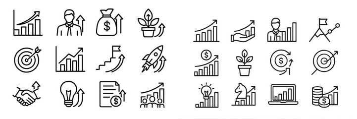 Poster - icons representing growth, finance, and business success in minimalist line design suitable for vari