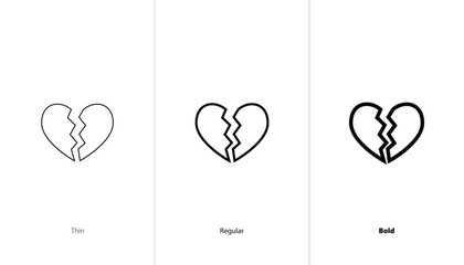 Poster - Set of heartbroken icon. thin, regular and bold line vector icon. outline collection of love loss. emotional pain. sadness. heart broken. love symbol
