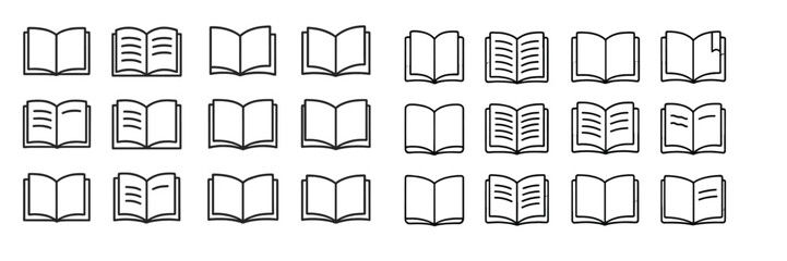 Poster - Collection of open books arranged in a grid pattern showcasing various page designs and orientations in a minimalist style