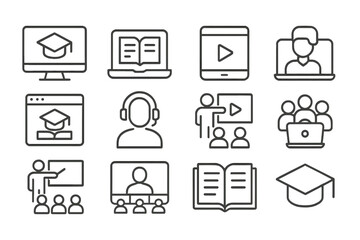 Poster - Online learning and education symbols illustrate various digital study activities and resources used for remote teaching