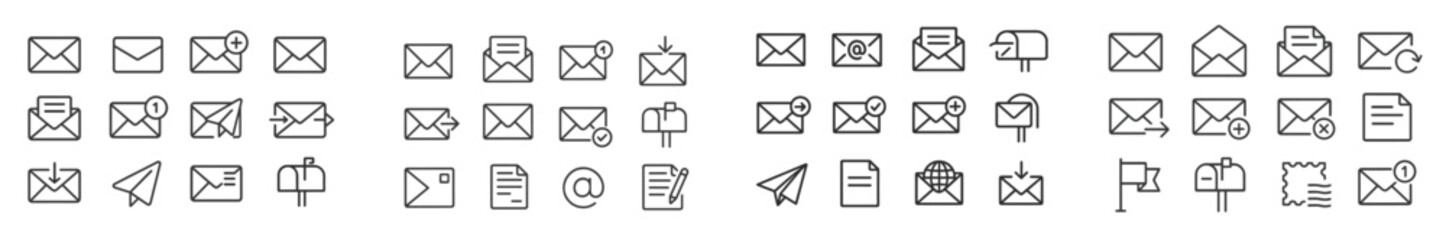 Fototapete - Various line icons representing communication tools and methods in a digital context, showcasing an array of email and messaging symbols