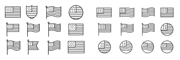 Poster - Different styles of American flag representations displayed in a linear arrangement on a light background