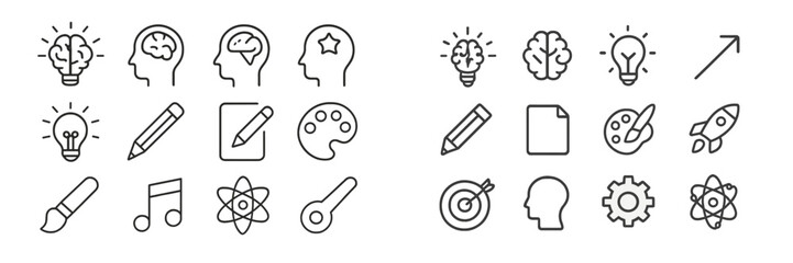 Poster - Creative icons representing innovation and ideas arranged in a grid showcasing various concepts and symbols in a minimalist design