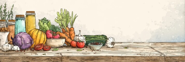 Poster - Seasonal Fruits and Vegetables Arranged on a Rustic Kitchen Counter Inviting Fresh Cooking