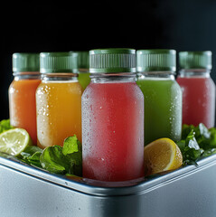Poster - Chilled juice bottles green cap red orange yellow green ice lemon lettuce refreshing