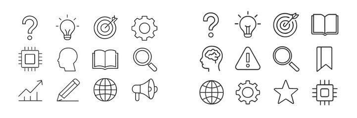 Poster - Various line icons depicting concepts such as inquiry, ideas, technology, and knowledge in a minimalist design style