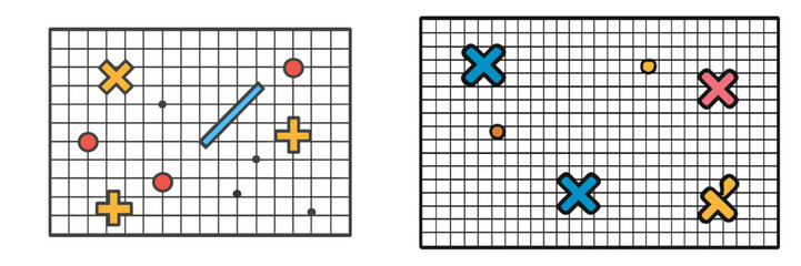 Poster - patterns and shapes on grid paper showcasing geometric figures in vibrant colors with simple arrange