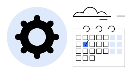 Poster - gear beside a calendar marked with a check and a cloud icon, symbolizing task management, scheduling