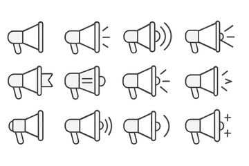 Poster - Collection of line art megaphones depicting various sound levels and actions created for design purposes