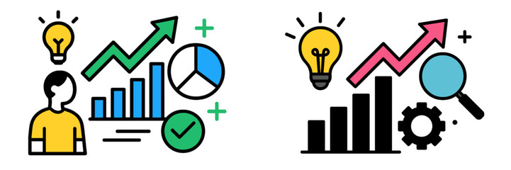 Aufkleber - Business growth and analytics concepts represented through colorful illustrations showing charts and ideas on a white background