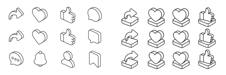Fototapete - Set of line icons depicting social media interaction elements such as hearts, thumbs up, and chat bubbles in a minimalist style