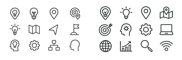 Poster - Various icons representing ideas, locations, maps, and technology on a clean background for visual communication and design