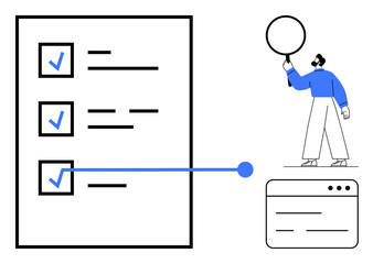 Poster - checklist with completed items, connected lines, person holding circle, and a browser window. ideal 