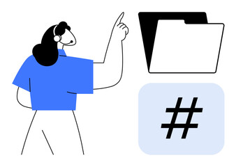 Poster - woman pointing to a file folder with a metadata tag symbol, signifying organization, categorization,