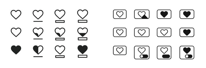 Fototapete - Various heart icons and button designs in different styles and states for digital interfaces displaying love and affection