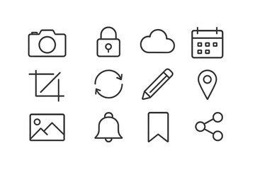 Fototapete - Collection of simple icons representing photography, security, and calendar management for digital applications and web design