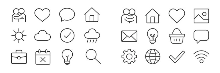 Poster - Simple line icons representing emotions, weather, communication, and various activities in a modern and minimalist design