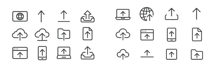 Poster - Collection of upload icons for digital content sharing on various devices and platforms in a simplified design style