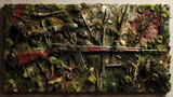 cover design for speculative fiction | textural prophecy | esoteric tension | mud brown and moss green | organic visual chaos | archaic weapons | distorted biological overlay | frottage | dream