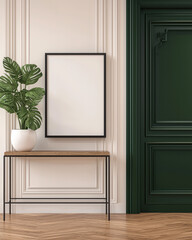 Poster - Modern interior corner with blank frame, green door, potted plant, wooden table, and elegant wall paneling