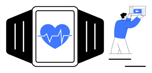 Poster - smartwatch displaying heart rate with pulse symbol and user interacting with a device screen. ideal 