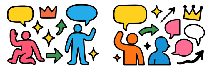 Poster - Colorful graphic depicting diverse figures in conversation and interaction, showcasing communication styles and expressions of engagement
