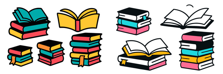 Poster - Colorful stack of books and open book illustrations suitable for educational or creative projects