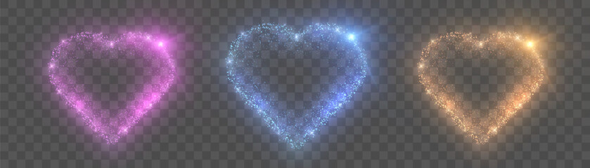 Poster - 
Glowing hearts made of sparkling pink, blue and gold colored particles on a transparent background. Bright glow for romantic designs, Valentine's Day or festive love themes.
