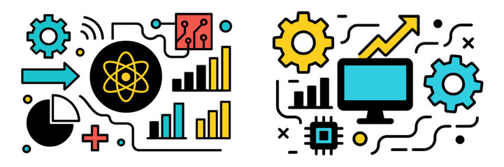 Aufkleber - Visual representation of data analysis and technology trends showcasing graphs, gears, and circuit elements in a dynamic layout