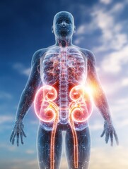 Poster - Human Figure With Highlighted and Glowing Kidneys Against a Clear Sky Background Showcasing Organ Anatomy and Health Awareness