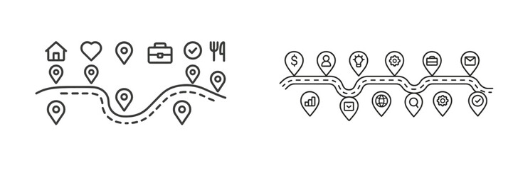 Poster - Map icons showing various locations for work, leisure, and services along a winding road in a minimalistic design