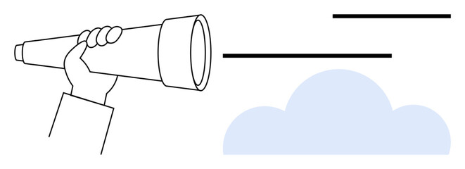 Poster - hand grips a telescope aimed at a cloudy horizon with minimalist lines indicating vision and focus. 