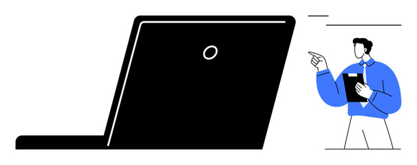 Poster - person holding clipboard pointing near giant laptop, representing digital communication, presentatio