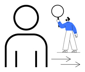 Poster - bold person outline, individual analyzing with magnifying glass, and arrows pointing forward. ideal 