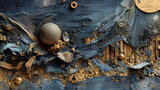 cover design for speculative fiction | mechanized nature | primordial awe | dull gold and oxidized blue | fragmented spatial logic | evolving ruins | distorted biological overlay | grattage |