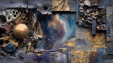 cover design for speculative fiction | mechanized nature | primordial awe | dull gold and oxidized blue | fragmented spatial logic | evolving ruins | distorted biological overlay | grattage |