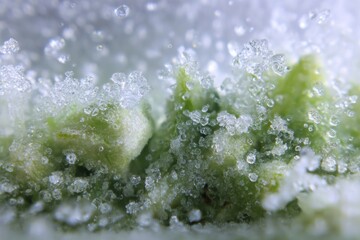 Aufkleber - Macro View of Frost Particles on Frozen Vegetables Showcasing Texture and Intricate Details in a Cold Environment