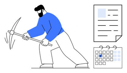 Poster - man using pickaxe symbolizing hard work, next to calendar with marked date and document. ideal for p