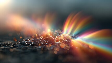 Poster - Delicate droplets scatter on a dark surface, illuminated by soft morning light, creating a vibrant display of rainbow colors through a rainbow lens. The effect captures nature's beauty