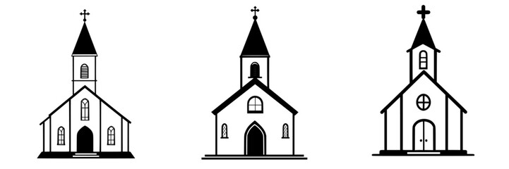 Poster - Vector icons representing different styles of church buildings with steeples in a minimalist design