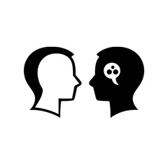Poster - Black vector illustration of two human profiles facing each other with thought bubbles representing communication and ideas exchange