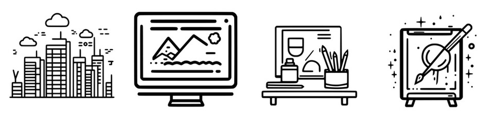 Poster - Vector icons depicting urban skyline, computer display, workspace with supplies, and art canvas illustrating creativity and design elements