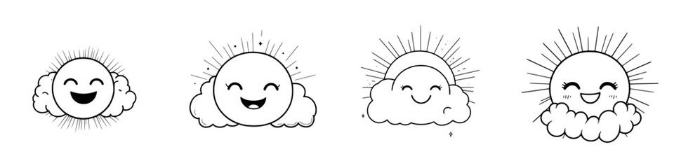 Poster - Happy sun characters peeking from clouds with cheerful expressions available in black vector style