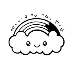 Poster - Cute black vector icon of a smiling cloud with a rainbow and stars above, perfect for playful designs and children's themes
