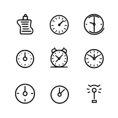 Poster - Collection of black vector icons depicting various clock designs showing different times and styles in a minimalistic fashion