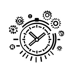 Poster - Black vector icon illustrating a clock surrounded by gears, symbolizing time management and mechanical processes in a digital design