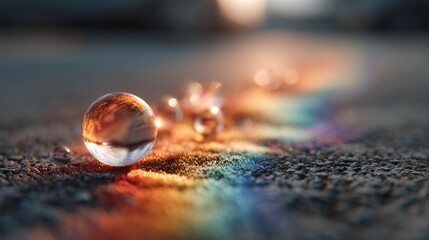 Leinwandbilder - Droplets of water reflect a spectrum of colors on a rough surface in soft focus, creating a magical effect at sunset, capturing nature’s beauty in a delicate moment