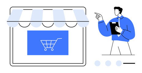 Poster - man with clipboard assessing digital storefront and shopping cart design. ideal for online business,